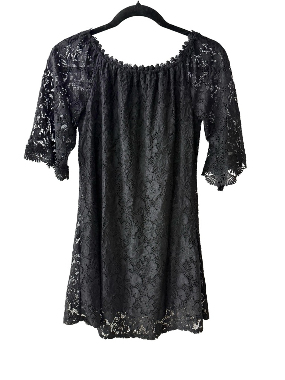 OURS Women’s Black Off-Shoulder Mini Lace Shift Dress 3/4 Sleeve | Medium